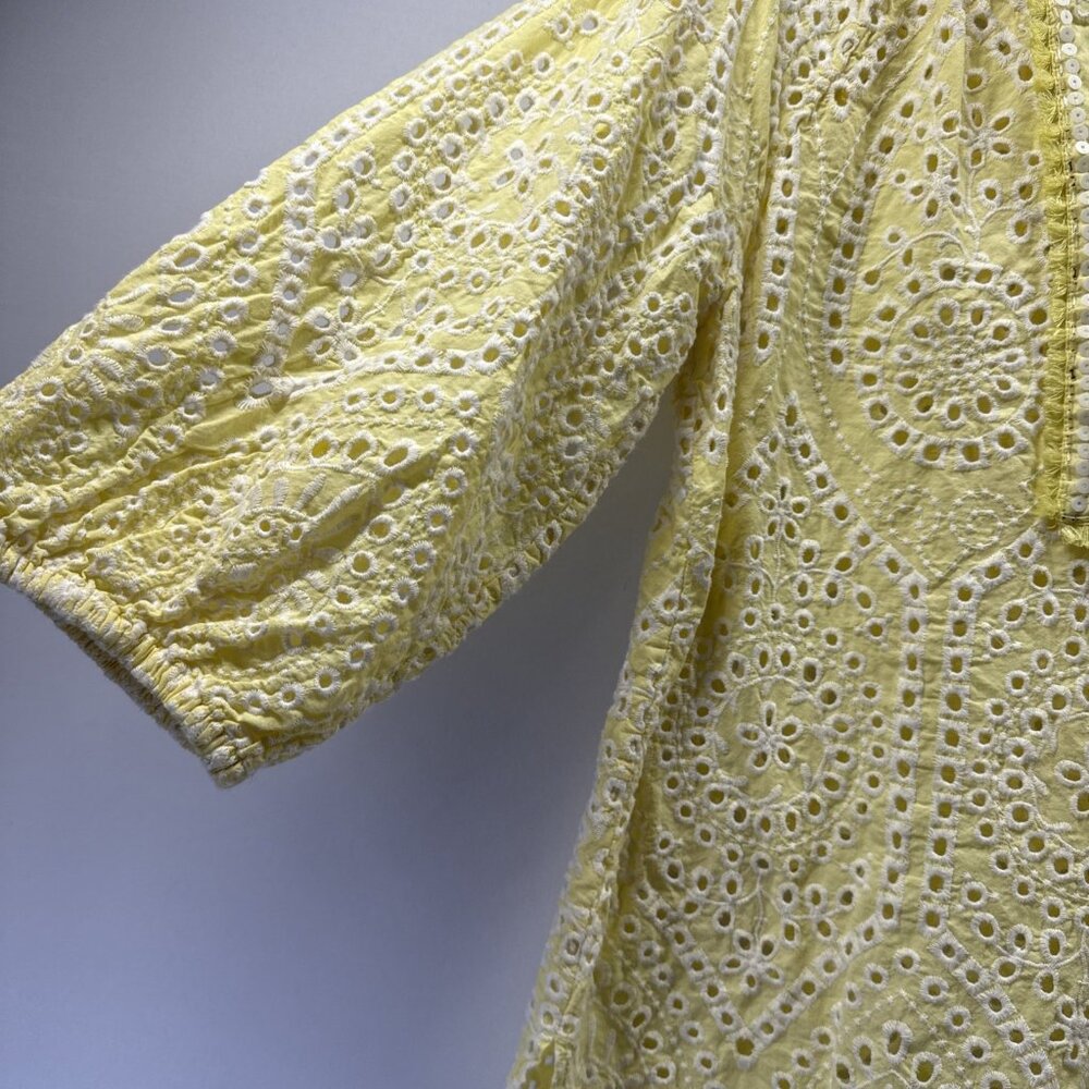 Chicos Womens Top Large Yellow White Eyelet 3/4 Puff Sleeves Popover V Neck Boho - Picture 5 of 9